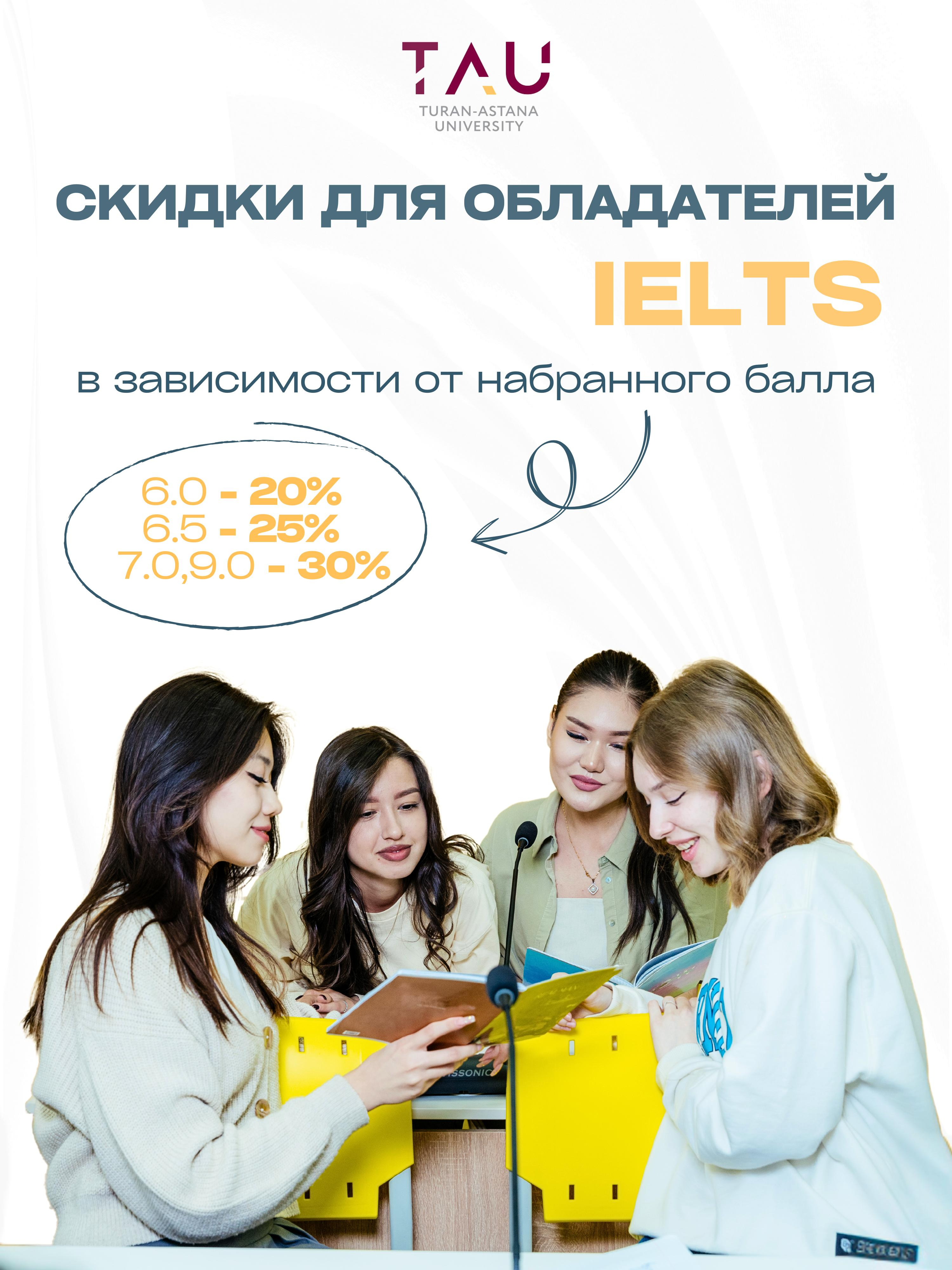 Скидки для обладателей IELTS (англ. International English Language Testing System) в зависимости от набранного балла.