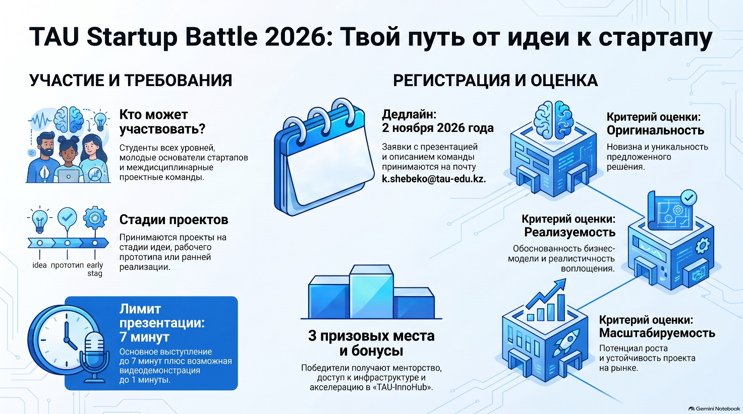 Университет «Туран-Астана» объявляет о проведении конкурса «TAU Startup Battle», направленного на поддержку инновационных идей, развитие предпринимательского мышления и формирование стартап-экосистемы